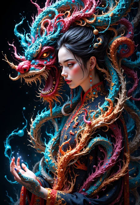 masterpiece, intricate details,lightning and electricity transforms into a stunning chinese princess, abstract, surreal colours, fractal art, mythp0rt