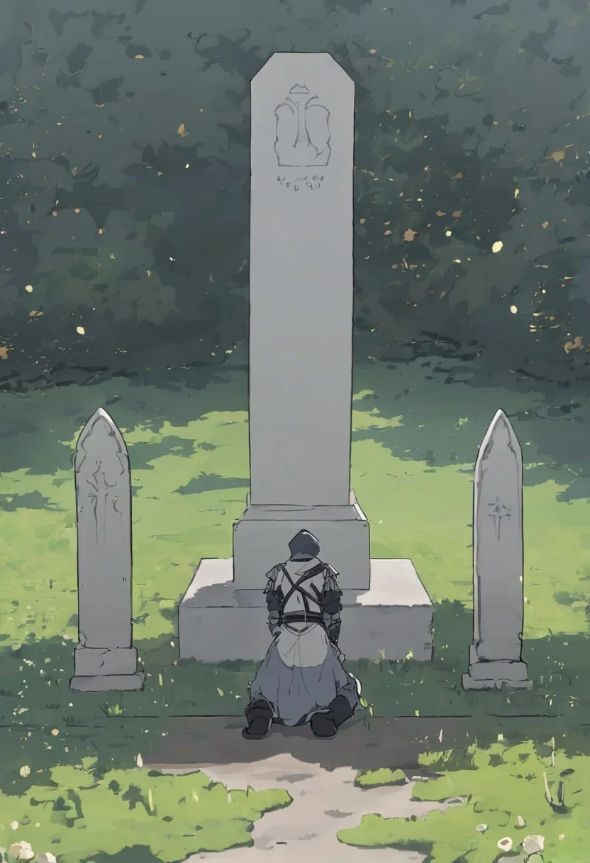 knight kneeling in front of grave, green yard