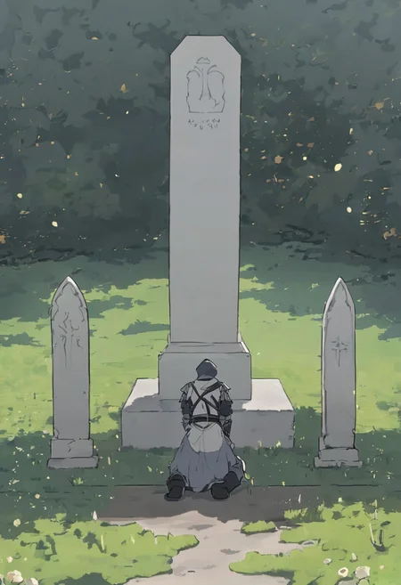knight kneeling in front of grave, green yard