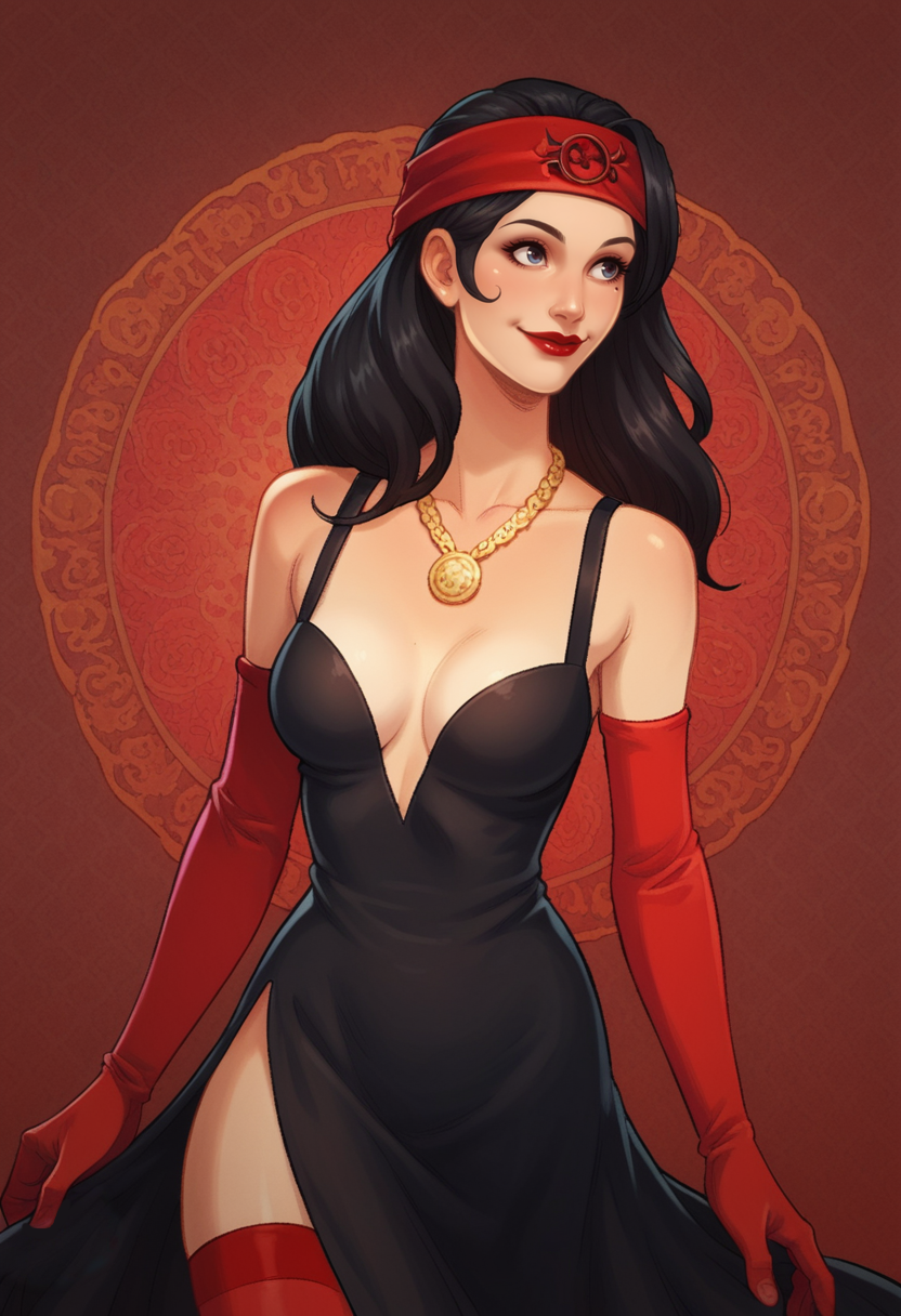 score_9, score_8_up, score_7_up, 1girl, solo, SulfS-PatR2, long hair, black hair, red headband, black dress, necklace, red stockings, upper body, red lipstick, red elbow gloves, black high heels,
detailed background, dancing, smiling,
<lora:Patty_Steelbeard_Character__Outfit_-_Risen_2_Dark_waters:0.8>,  <lora:Artist_Style_-_Alessandro_Barbucci_Ekho_Sky_Doll_PDXL:0.8> abarbucci-dh