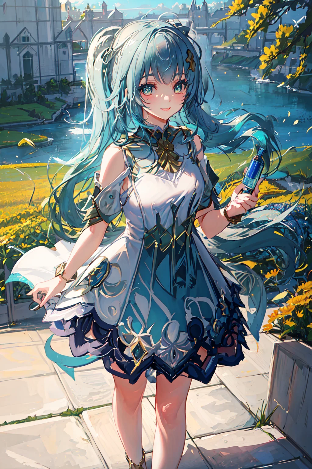 very detailed background, highly detailed background, Masterpiece, Ultra detailed, great composition, Faruzan \(genshin impact\),Dynamic angle,[Bottle bottom],(wide shot), extremely delicate and beautiful,(Highest picture quality), (Master's work), (Detailed eyes description),(Detailed face description), (fantasy), depth of field, solo,Beautiful girl,extreme light and shadow, messy hair, masterpiece, rich in detail, (fine features), (highest quality), (masterpiece), (detailed eyes), (beautiful) detailed girl,beautiful detailed eyes,(straight-on), full body, walking away from viewer, flower field:1, flower pettals falling, summer:1.2, happy, smile, ((hands out of frame)), arms stretched, <lora:faruzanGenshinImpact_v10:0.6>