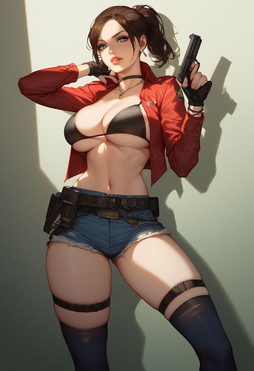 score_9, score_8_up, score_7_up, western cartoon, volumetric lighting, dramatic lighting, g0thicPXL, fFaceDetail, ultra detailed, beautiful face, (green ambient light:1.5), (big breasts:1.5), (1 girl:1.5), claire redfield, brown hair, ponytail, blue eyes, (police uniform:1.5), long sleeves, (bikini bra:1.5), (eyeshadow), (blue thigh highs), (cotton legwear:1.5), (black legwear:1.5), earrings, beautiful eyes, (tactical boots:1.5), (jean shorts:1.5), (military encampment:1.5), (choker), (ambient lighting), (fingerless gloves:1.5), (leg strap:1.5), (cock ring:1.5), (tactical belt:1.5), (focused expression:1.5), (training:1.5), (holding gun:1.5), (red jacket:1.5), (standing:1.5), (next to wall:1.5)