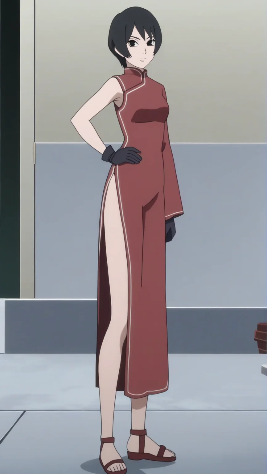 source_anime, score_9, score_8_up, score_7_up, anime screencap, high quality, 8k, absurdres, official style, 1girl, solo,<lora:kurotsuchi:0.8>, kurotsuchi, black hair, short hair, black eyes, gloves, dress, black gloves, chinese clothes, red dress, sandals, china dress, side slit, standing, looking at viewer, looking at viewer, smile, from front, one sleeve, hand on hip,