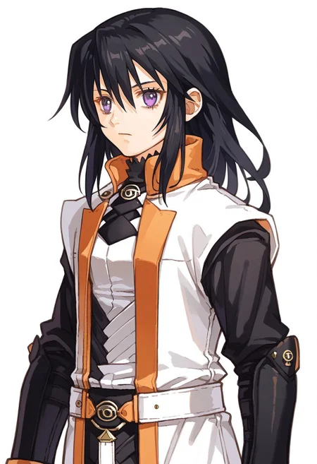 score_8, score_8_up, score_7_up, source_anime, fe10portraits, portrait, white background, 1girl, female focus, solo, Azlier_SN, black hair, bangs, hair between eyes, long hair, sidelocks, grey eyes, white coat, collared coat, sleeveless coat, open coat, gorget, black gorget, brooch, white shirt, turtleneck shirt, black turtleneck, black sleeves, armor, belt, bracers, black pants, looking at viewer, simple background, rating_safe