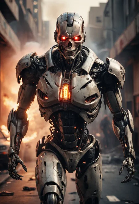 Super Closeup Portrait, professional photograph of an action scene, car crash, action scene, car crash, burning tattered Cyborg artificial skin robot walking to viewer and pointing at him, grin, surrounded by smoke and fire, bold lines, hyper detailed, dark limited palette, dramatic lighting,  fiery red and black hue, wide angle view, frontal closeup view, 
atmospheric haze, Film grain, cinematic film still, shallow depth of field, highly detailed, high budget, cinemascope, moody, epic, OverallDetail, gorgeous, 2000s vintage RAW photo, photorealistic, candid camera, color graded cinematic, eye catchlights, atmospheric lighting, skin pores, imperfections, natural, shallow dof