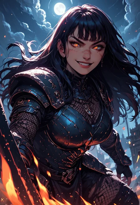 Score_9, Score8_up, Score_7_up, (((High Resolution, Best Quality))),
1girl, beautiful, breasts, battle scarred, damaged armor, fishnets under armor, bangs, long hair, plated armour, holding sword, battle stance, dynamic angle, ancient fantasy city, battle-ready stance, dynamic pose, at night, moonlight, riding a nimbus cloud, nimbus, wukong theme, directional lighting, viewed from above,
Embers, firey glint in eye, partical effect, smirk, looking at viewer,