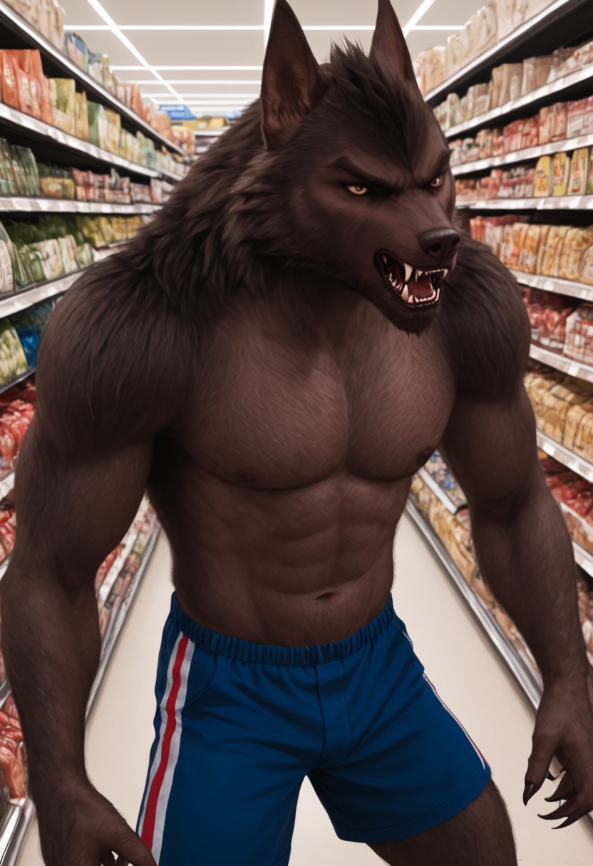 werewolf, werewolf of fever swamp, blue shorts, white and red stripes, claws, hand, fcNeg, front view, facing you, toe_claws, snarling, in a supermarket aisle, closeup