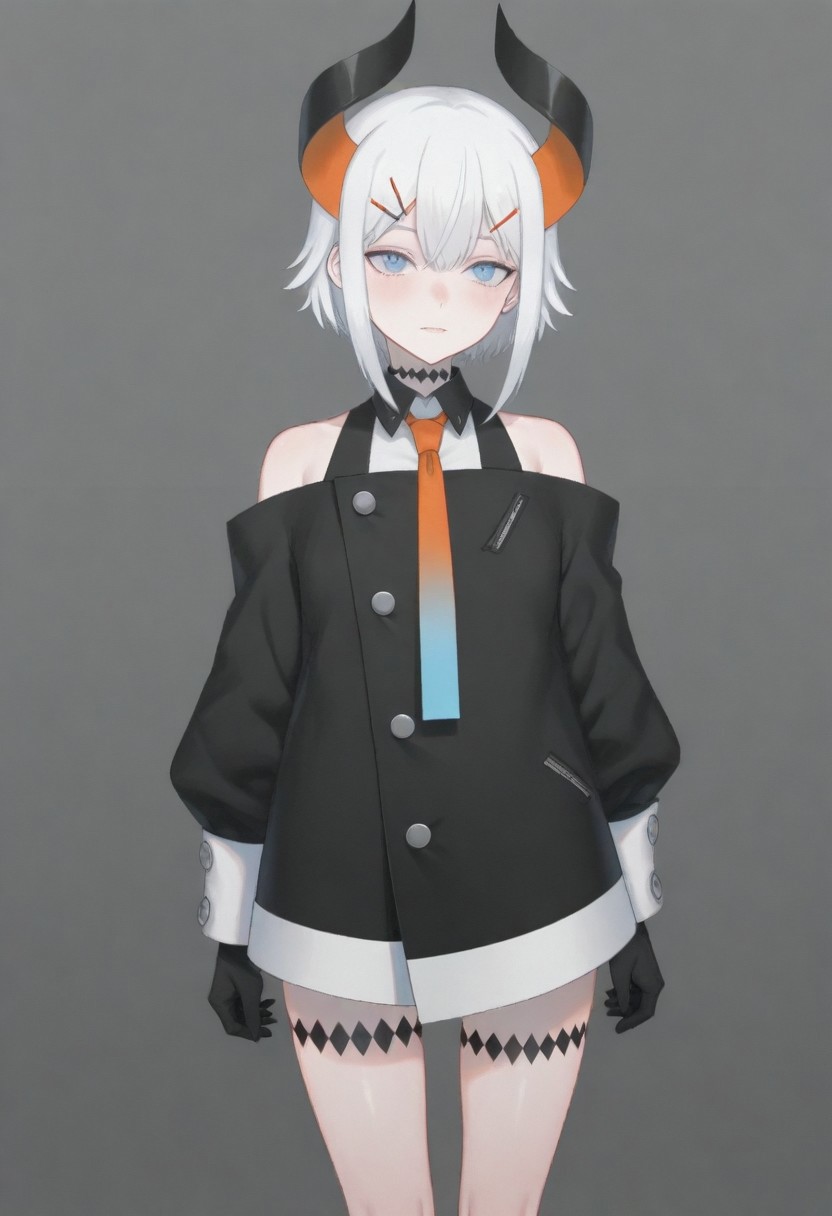 masterpiece, best quality, amazing quality,,, shiny skin,,,,,,,,nijilevi,,blue eyes,white hair,horn,pail skin,short hair,hairclip,nijilevicos,collared shirt,bare shoulder,gradient necktie,puffy long sleeves,white cuffs,black gloves,single thigh strap,
