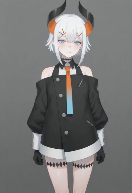 masterpiece, best quality, amazing quality,,, shiny skin,,,,,,,,nijilevi,,blue eyes,white hair,horn,pail skin,short hair,hairclip,nijilevicos,collared shirt,bare shoulder,gradient necktie,puffy long sleeves,white cuffs,black gloves,single thigh strap,