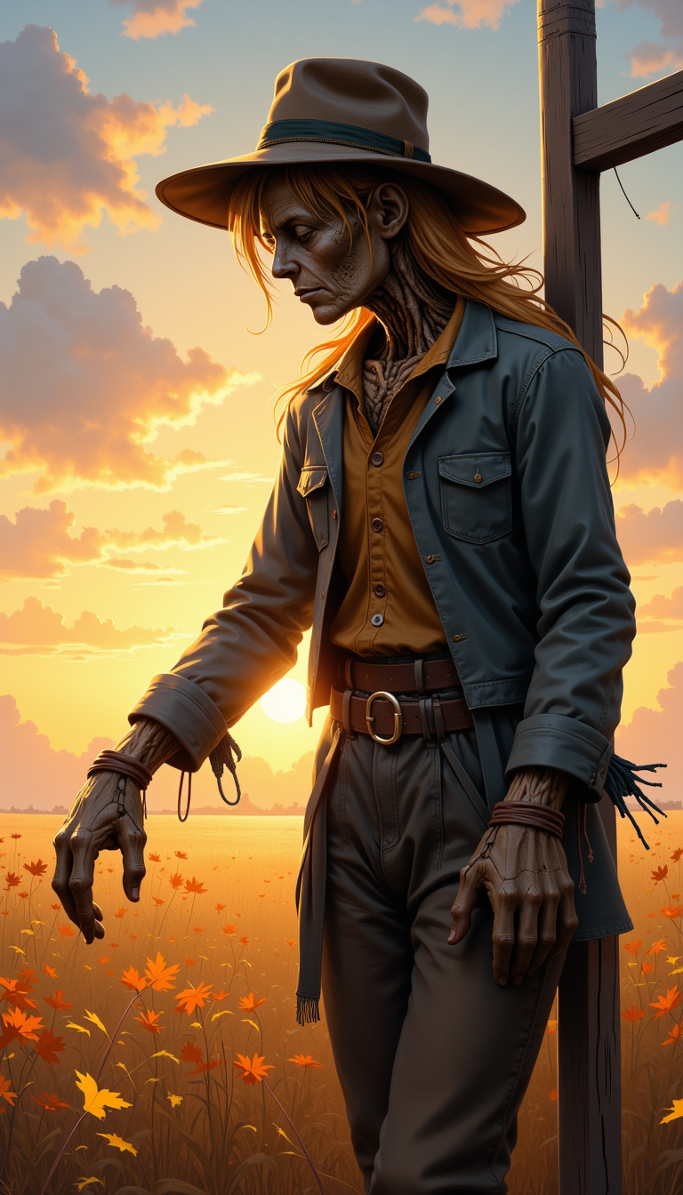 Oil painting, sunset, golden field, rustic scarecrow, worn clothes, floppy hat, stuffed with hay, thoughtful expression, downturned gaze, weathered wooden post, leathery hands, rough ropes, fall season, vibrant orange and yellow leaves, cloudy sky, long shadows, muted colors, vanishing point, wide-angle view, soft brush strokes, detailed textures, high-resolution, detailed, masterpiece, artistic, illustration, concept art, dramatic contrast, emotion, storytelling, thought-provoking, intriguing, captivating, capturing the essence of solitude and contemplation