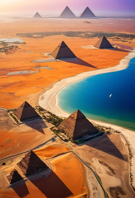 Cyberpunk: (neon lights), (holographic UI elements), (futuristic decay) :cite[6], sonic geography where landscapes are sound fossils, Expansive aerial view of Egypt's Nile Valley during golden hour, where emerald agricultural fields create a striking geometric patchwork against the stark amber sand dunes of the surrounding desert. The life-giving river winds like a gleaming sapphire ribbon through the landscape, bordered by dense palm groves and ancient mud-brick villages. Temple ruins with massive stone columns cast long shadows across the terrain, while white-sailed feluccas drift lazily on the tranquil waters. In the distance, the iconic triangular silhouettes of the Great Pyramids rise majestically against a sky painted with dramatic orange and purple hues. Desert hawks soar on thermal currents above the scene, while camels traverse sandy paths between lush oases.