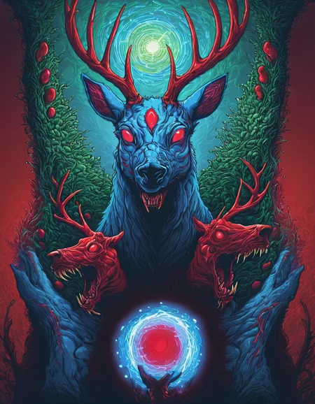 <lora:brho:0.8>brho, deer face with two deer faces coming out of the sides, red eyes, third eye, blue deer, dead deer, sharp teeth, red inscriptions, small green plants, green ball of light, red spiral background