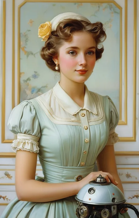 masterpiece,best quality,<lora:tbh362-sdxl:0.6>,illustration,style of Vittorio Reggianini, portrait of Housework robots