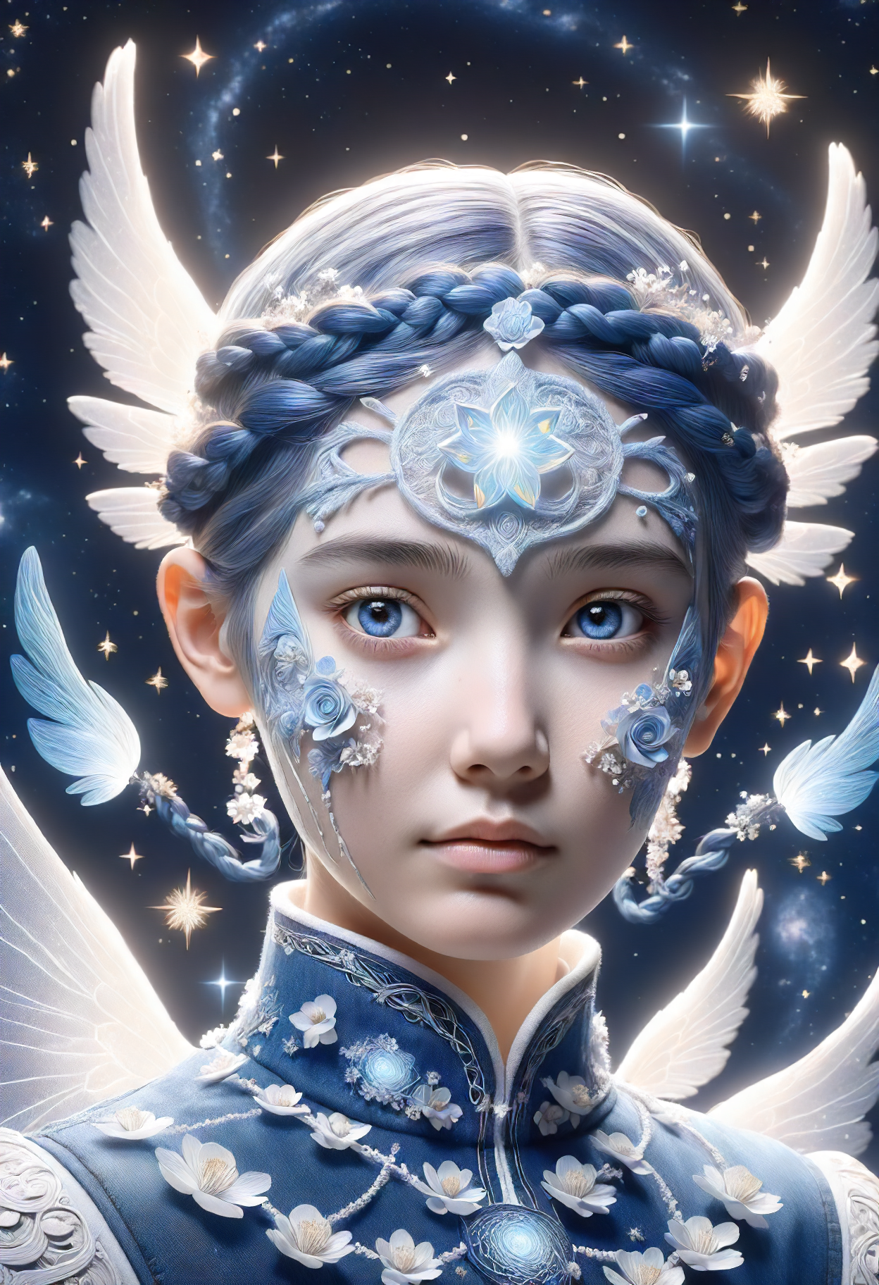 DonMS4kur4XL , female  teenager, fit, russian, honey eyes,   square chin with cleft,  dimpled cheeks,  unusual face shape,     , denim blue milkmaid braid hair, envy, aligned with celestial bodies, drawing power from the stars above, angelic wings     conjurer, fusion of magic and cybernetics, decopunk , engaging in alchemical experiments, transforming elements with magic, ethereal light   <lora:released\DonM3t3rn1tyXL-v1.1-000008:0.8><lora:myLora\DonMS4kur4XL-000006:0.8>