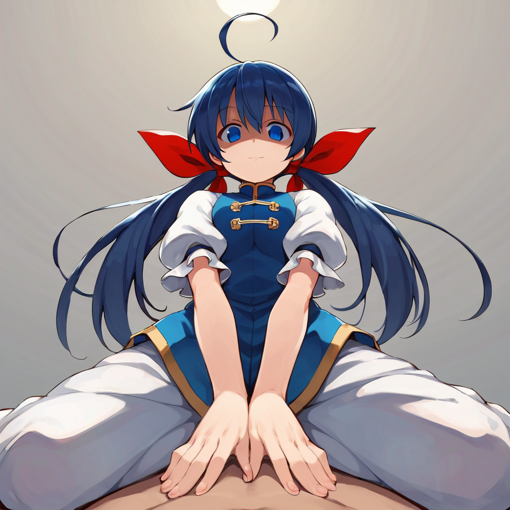 score_9, score_8_up, score_7_up, BREAK source_anime, best quality, masterpiece, uncensored, 1girl, <lora:hotaru_pony:0.9> hotaru, blue hair, twintails, low twintails, long hair, hair ribbon, ahoge, blue eyes, blue chinese clothes, white sleeves, puffy short sleeves, white pants, straddling, (from below:1.2),(first person view), looking down, looking at viewer, (arms between legs), (wariza,kneeling:1.2), (shaded face,naughty face:1.3)