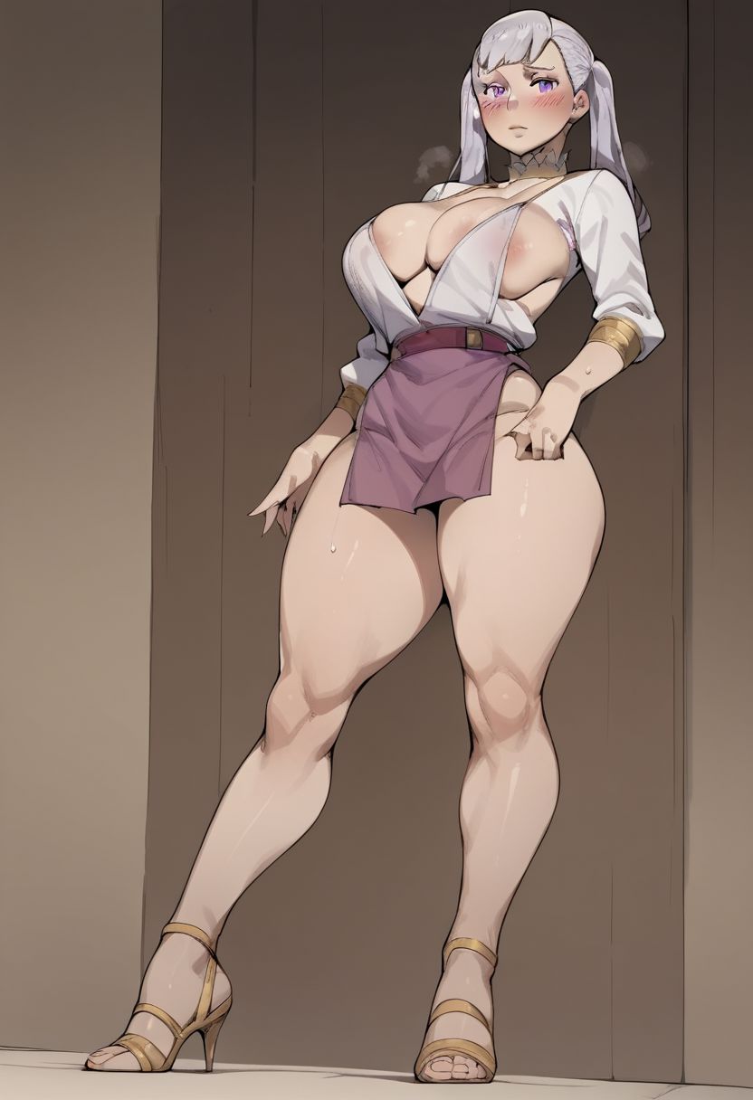 noelle silva, score_9,score_8_up,score_7_up,rating: general,1girl, solo, breasts, looking at viewer, blush, high heels, breasts,  standing, purple eyes, white hair,  clothed, high quality, close up angle,  areola slip,