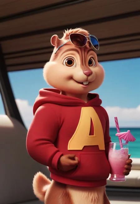 AlvinSeville, furry male, solo, chipmunk, sunglasses, red hoodie, tail, muscular, big muscles, big biceps, big pecs, abs, upper body, Realistic, on a yacht, drinking lemonade, pink lemonade, ocean, blue sky, brown eyes