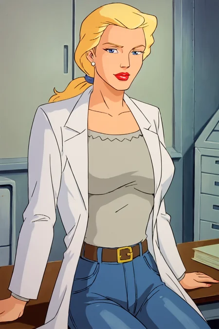 PonyXLV6_Scores BREAK ((parody, retro artstyle), perfect anatomy, perfect eyes, cowboy shot) <lora:add_details_xl:0.8> BREAK <lora:Betty_Ross:0.8> betty ross, blonde hair, ponytail, blue eyes, lipstick, red lips, half-closed eyes, flirting, ((looking at viewer)), jewelry, earrings, labcoat, belt, jeans, large breasts, curvy, toned, athletic, leaning back on desk, seductive pose, underground laboratory, indoors