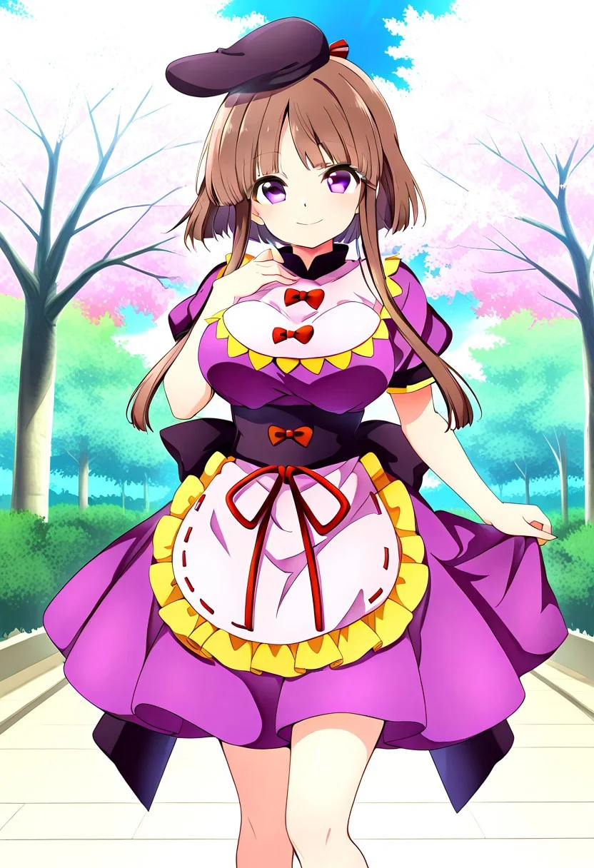baba style, (sakura trees), (pink leaves), ((day time)), 1girl, solo, (standing), (posing), (looking at viewer), ((large breasts)), smile, nishida satono, 1girl, solo, brown hair, ((purple eyes)), short hair with long locks, hat, short sleeves, bow, purple dress, ribbon, frills, waist apron, ribbon, legs