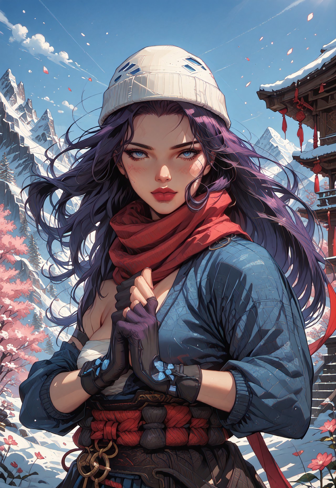 ((zPDXL3)), score_9, score_8_up, score_8, (sexy:2.5), Fantasy, perfecteyes, ultra detailed, high resolution, high quality, masterpiece, intricate details, intricate body, intricate landscape, knva, Expressiveh, European Instagram Model, upper body shot, low light, temple, mountaintop temple, snowcap mountain, swirling flower petals,
BREAK
Character: 1girl, solo, source_cartoon, mature female, sailocke, blue eyes, long hair, 
Clothing: gloves, ponytail, scarf, sarashi, gloves, (ronin hat),
Character Pose: confident stance, cocked hip, cowboy shot, beautiful, full lips, looking at viewer, closed mouth,
<lora:4th_tail_v0.3_lora_extract_l:0.60>