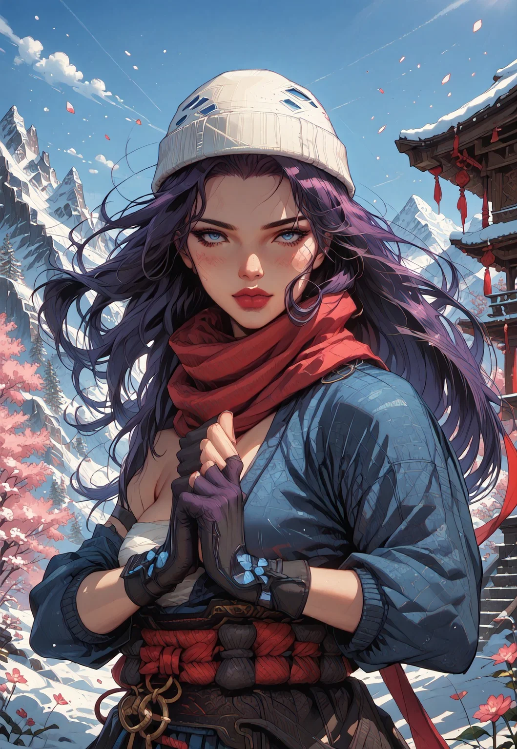 ((zPDXL3)), score_9, score_8_up, score_8, (sexy:2.5), Fantasy, perfecteyes, ultra detailed, high resolution, high quality, masterpiece, intricate details, intricate body, intricate landscape, knva, Expressiveh, European Instagram Model, upper body shot, low light, temple, mountaintop temple, snowcap mountain, swirling flower petals,
BREAK
Character: 1girl, solo, source_cartoon, mature female, sailocke, blue eyes, long hair,
Clothing: gloves, ponytail, scarf, sarashi, gloves, (ronin hat),
Character Pose: confident stance, cocked hip, cowboy shot, beautiful, full lips, looking at viewer, closed mouth,
<lora:4th_tail_v0.3_lora_extract_l:0.60>