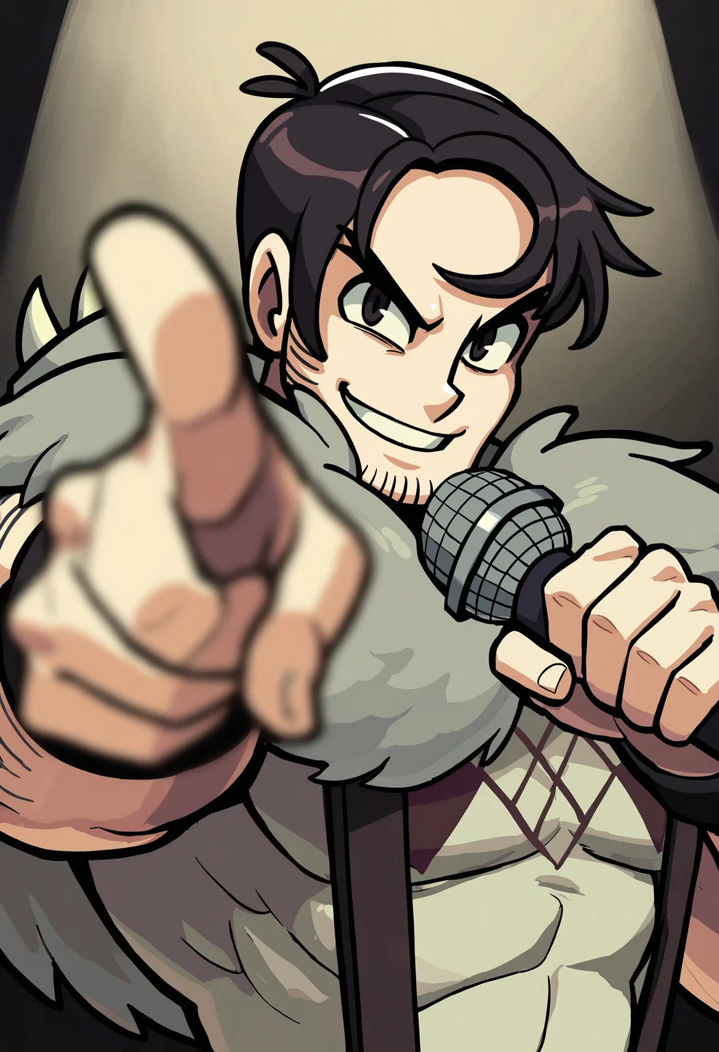 masterpiece, best quality, newest, absurdres, highres, very awa, 1boy, male, male focus, beowulf \(skullgirls\), official art, holding microphone, pointing at viewer, upper body, depth of field, foreshortening, looking at viewer, spotlight