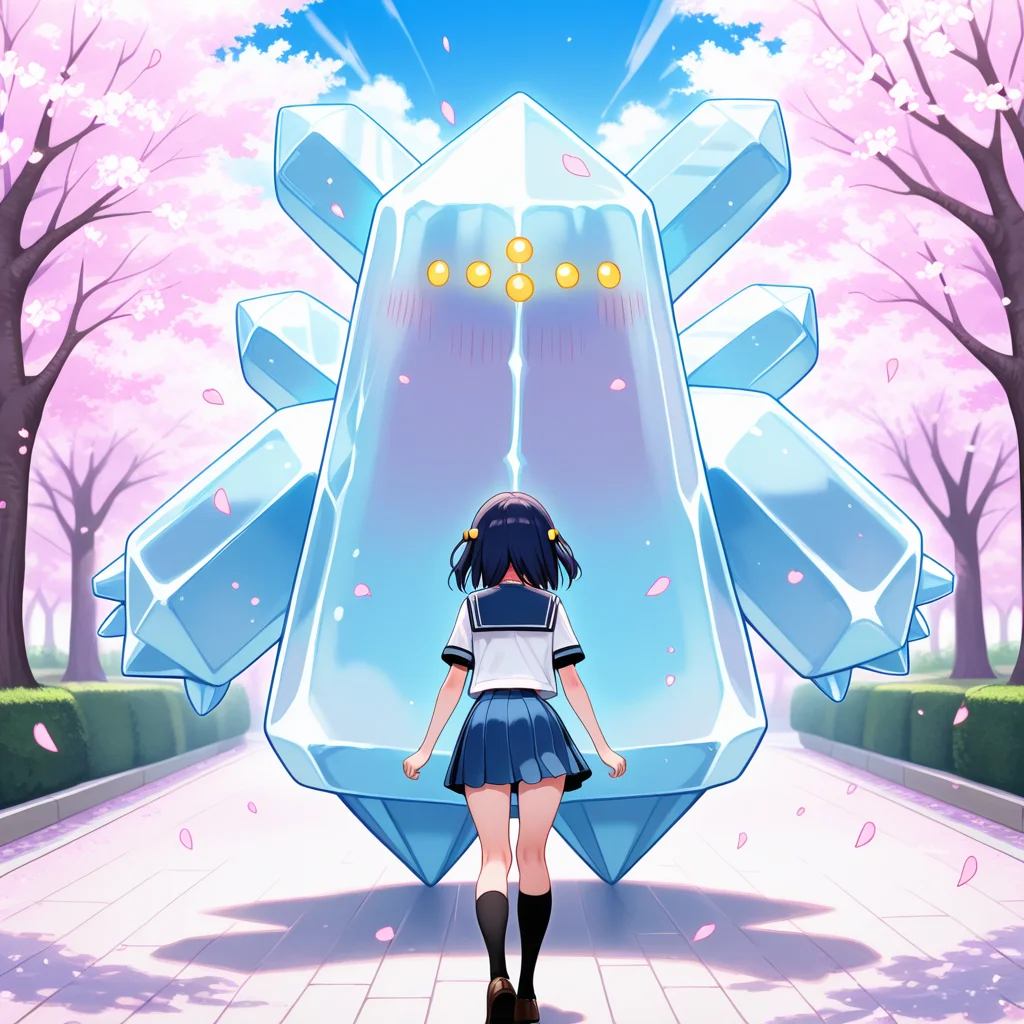 detailed, detailed_background, vibrant, amazing quality, beautiful quality, <lora:regice-15:1> (pregi), pokemon \(creature\), ice_body, symmetrical_design, crystal body, 1other, school uniform, blue sailor collar, blue skirt, blush, cherry blossoms, falling petals, outdoors,