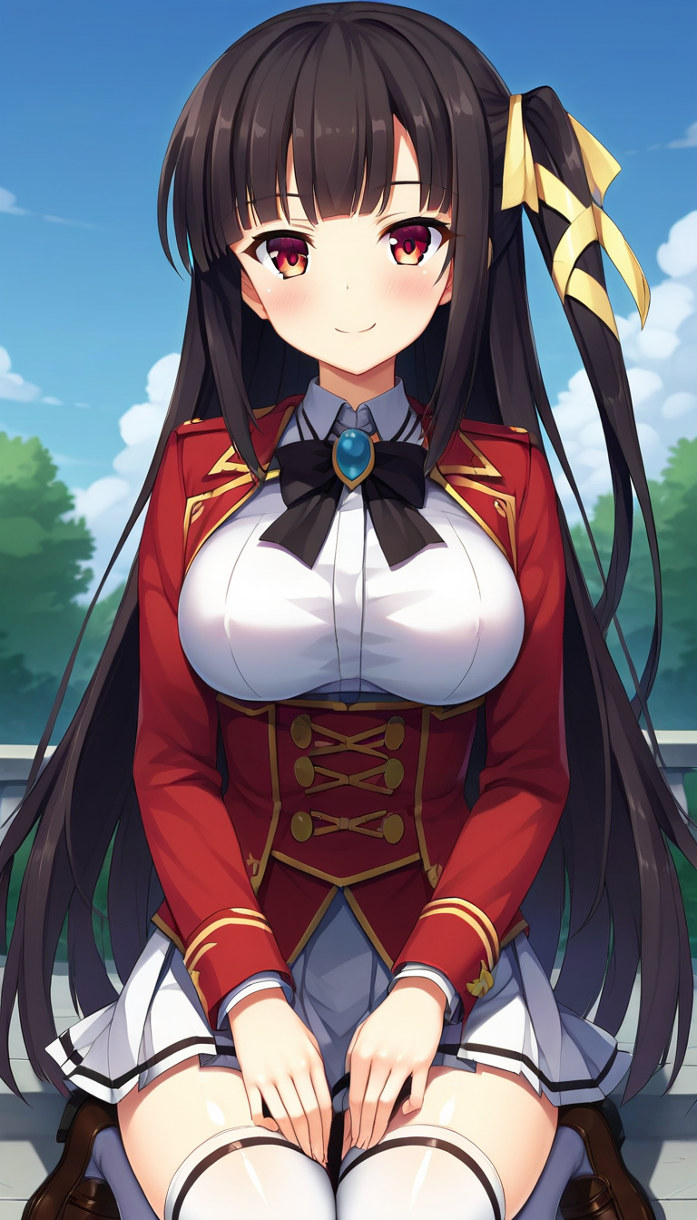 score_9,score_8_up,masterpiece,best quality,correct anatomy,anime_source,1girl,solo,perfect eyes,perfect arms,perfect legs,perfect face,outdoors,upper body,(portrait:1.5),looking at viewer,facing viewer,smile,blush,Shidou Mana,very long hair,black hair,one side up,hair ribbon,yellow ribbon,sidelocks,blunt bangs,red eyes,uniform,black bowtie,black ribbon,brooch,red jacket,cropped jacket,white shirt,collared shirt,center frills,shirt breasts out,red corset,long sleeves,large breasts,underbust,jewelry,miniskirt,white skirt,pleated skirt,zettai ryouiki,white thighhighs,loafers,brown footwear,<lora:Shidou Mana(kpk)-Pony:1.2>,