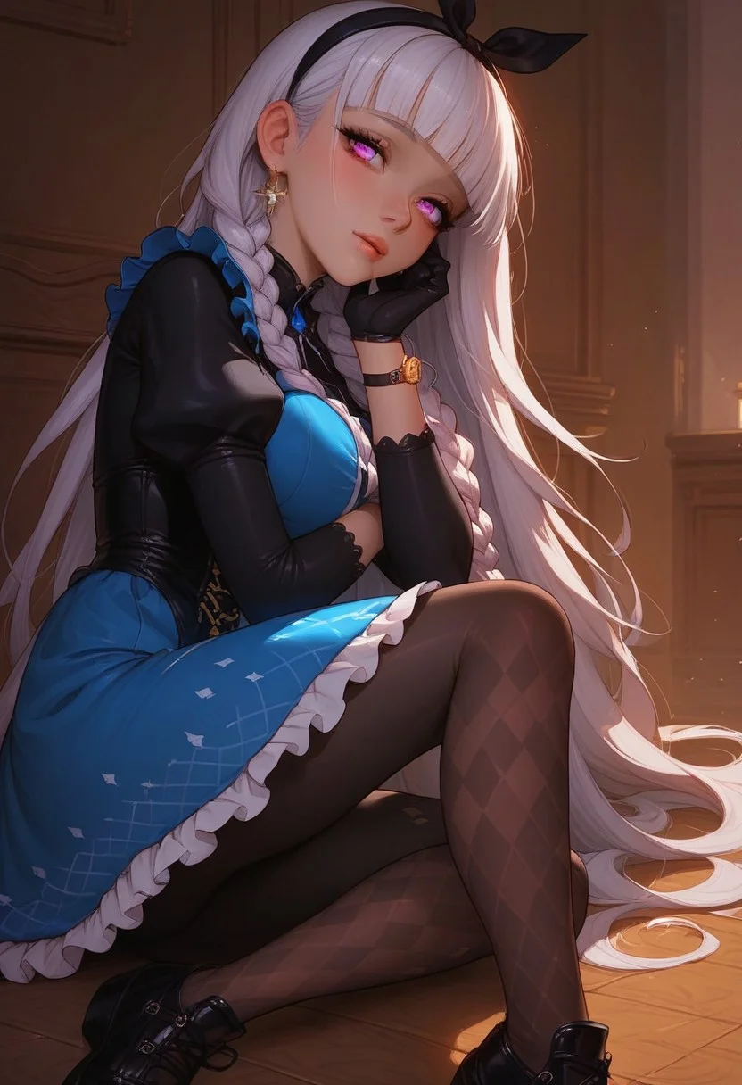 Expressiveh, score_9, score_8_up, score_7_up, godrays, solo, 1girl, alyce_(dohna_dohna), silver hair, long hair, pink eyes,blue eyes, heterochromia,twin braids, blunt bangs, side braids,, adult face, adult body, curvy, beautiful face, black hairband, bodysuit under clothes, black bodysuit, frilled dress, black gloves, argyle clothes, blue dress, white dress, watch, pocket watch, black footwear, frills, argyle legwear, pantyhose,two-tone dress, shoes, cross-laced dress, puffy sleeves, short sleeves, long sleeves, ribbon, ((Coquettish, playful, coy expression)), cinematic light, cinematic colors,