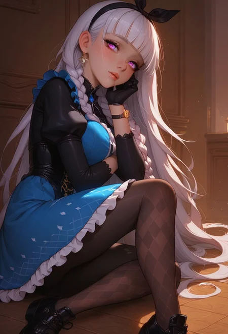 Expressiveh, score_9, score_8_up, score_7_up, godrays, solo, 1girl, alyce_(dohna_dohna), silver hair, long hair, pink eyes,blue eyes, heterochromia,twin braids, blunt bangs, side braids,, adult face, adult body, curvy, beautiful face, black hairband, bodysuit under clothes, black bodysuit, frilled dress, black gloves, argyle clothes, blue dress, white dress, watch, pocket watch, black footwear, frills, argyle legwear, pantyhose,two-tone dress, shoes, cross-laced dress, puffy sleeves, short sleeves, long sleeves, ribbon, ((Coquettish, playful, coy expression)), cinematic light, cinematic colors,