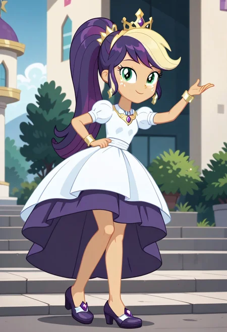 score_9, score_8_up, score_7_up, score_6_up, from My Little Pony Equestria Girls, a very young little human girl Applejack wearing a fit blue|sky|green|brown|darkpurple|red|yellow gradients colors short princess dress, elegant detailed princess shoes, solo, 1girl, little princess girl, gradient golden blond hair with crown hairband, smile, childhood, looking at viewer, glow detailed eyes, garden of canterlot, tul, chiffon, laces, semi realistic cartoon, unreal engine 5, full body close-up, absurdres, digital art, soft light, perfect hands, perfect, hands, perfection, soft orange skin, green eyes, apples accesories and shoes, jewelery, tres chic,<lora:age_slider_v4:-4>,