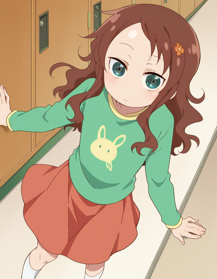 score_9, score_8_up, score_7_up, source_anime, <lora:riko-saikawa-s2-ponyxl-lora-nochekaiser:1>, riko saikawa, long hair, brown hair, green eyes, hair flower, hair ornament, flower,, skirt, shirt, long sleeves, red skirt, white socks, green shirt,, school hallway, lockers, between classes, everyday life, , looking at viewer, from above,, solo,, dutch angle,