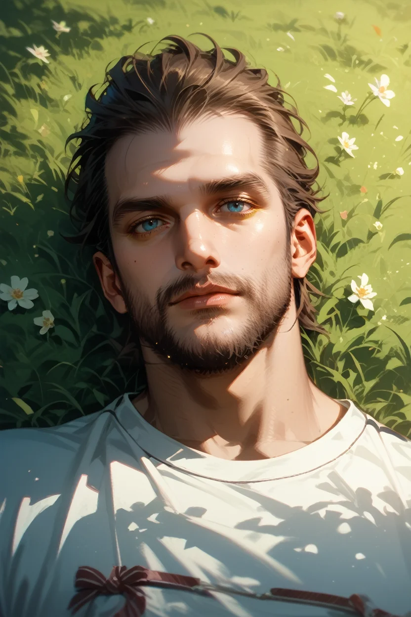 score_9, score_8_up, score_7_up,
<lora:FC5Joseph:0.8>
FC5Joseph, 1boy, brown hair, blue eyes, facial hair, looking at viewer, lying, on back, on grass, from_above, romantic ambiance