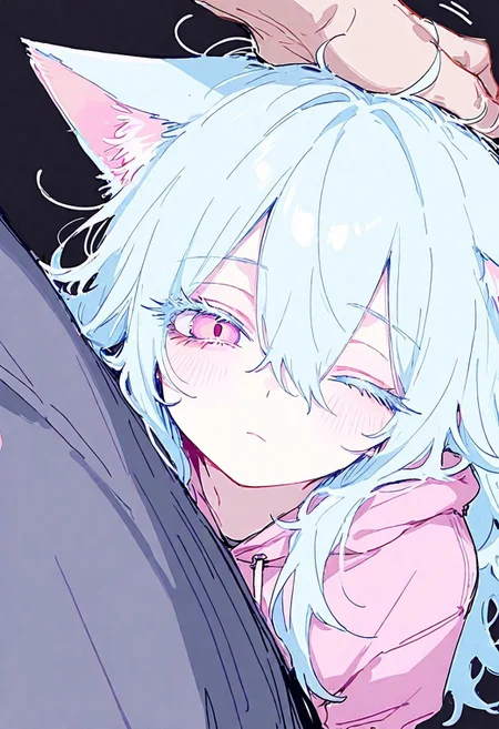 1boy, 1girl, pink eyes, blue hair, thick eyelashes, colored eyelashes, long hair, hair between eyes, messy hair, cat ears, ears down, pink hoodie, upper body, light blush, closed mouth, headpat, looking at viewer, one eye closed, from above, black background, masterpiece, best quality, amazing quality, ma1ma1helmes_b_illu, sketch,tfaix