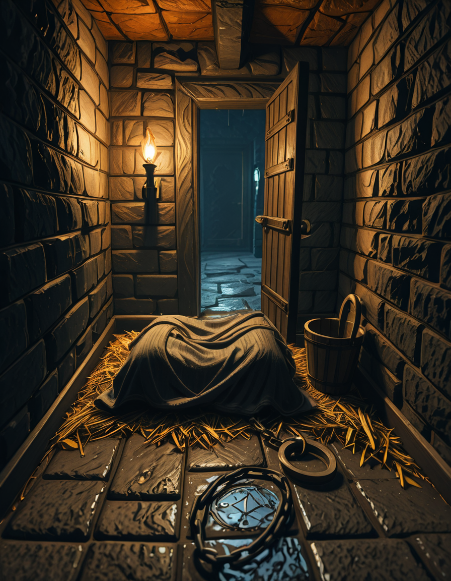 A hyper-realistic photo of a dark medieval dungeon cell inspired by Skyrim, with cold, damp stone walls covered in patches of moss and cracks. The floor is made of uneven cobblestones, partially wet with small puddles reflecting dim torchlight. An old, rusted iron-barred door is slightly ajar, casting long shadows on the ground. In the corner, a pile of straw serves as a makeshift bed, with a thin, tattered blanket thrown over it. Chains and shackles hang from the walls, showing signs of centuries of use. A small wooden bucket sits beside the bed, used as a primitive toilet. The atmosphere is heavy and oppressive, filled with a faint mist in the air. The only source of light comes from a single flickering torch mounted on the wall outside the cell, creating dramatic, warm orange glows contrasting with deep, cold shadows. The photo is taken from a slightly low angle, as if from the perspective of someone crouched on the floor inside the cell, adding a sense of claustrophobia and confinement. Ultra-realistic textures, high detail, cinematic lighting, 4K quality.
<lora:SDXLFaeTastic2400:0.4> <lora:extremely_detailed:0.4> extremely detailed,,dungeon c3ll <lora:dungeon_c3ll-i:1>, Masterpiece,best quality,hi res,8k,hi res,8k,award winning,(sharp focus, intricate, highly detailed),