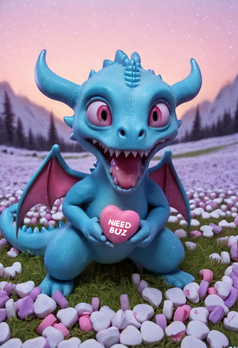 <lora:Expressionism_CartoonsSDXL:1> cute little dragon , in winter meadow, detailed background, close-up shot, text "need buzz",<lora:Candyhearts:0.7>, <lora:add-detail-xl:1>. High detailed style life advertising photo.
