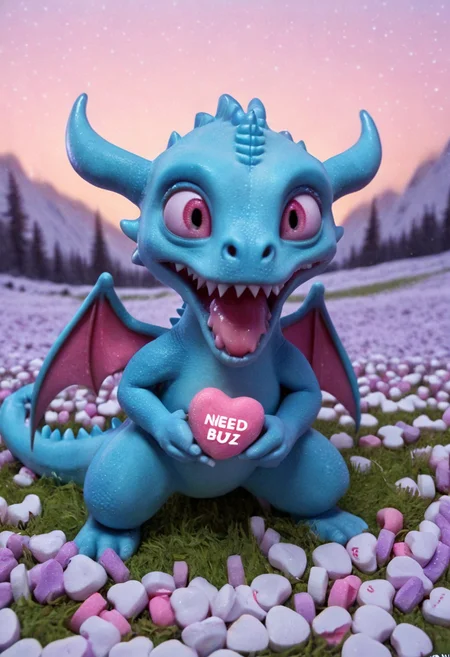 <lora:Expressionism_CartoonsSDXL:1> cute little dragon , in winter meadow, detailed background, close-up shot, text "need buzz",<lora:Candyhearts:0.7>, <lora:add-detail-xl:1>. High detailed style life advertising photo.