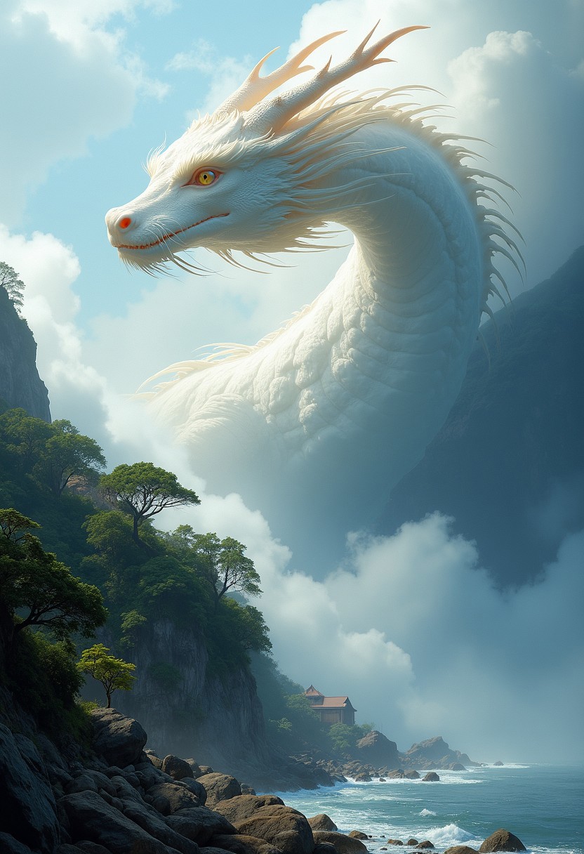 Create an amazing oil painting Pic of the following situation: a white giant dragon appears out of white fog and watches high above an Asian landscape, some Houses,vivid natural colors, bright, amazing landscape, perfect composition, a rich and complex image of nature, a vibrant tissue of hues and textures captured digitally, best quality, double exposure, realistic, captivating, fantastical, splash art, intricately detailed, hyper detailed, maximalist style, photorealistic, concept art, sharp focus, harmony, serenity, calm, mysterious glow, dynamic lighting, masterpiece, superb composition, finest details, highest aesthetics, strong muted highlighter of fantastical beach rock scenery, mystical glow, best quality, sharp focus, high contrast, stylized, clear, colorful, ultra quality, 8k, best quality, masterpiece,midjourneyv6.1