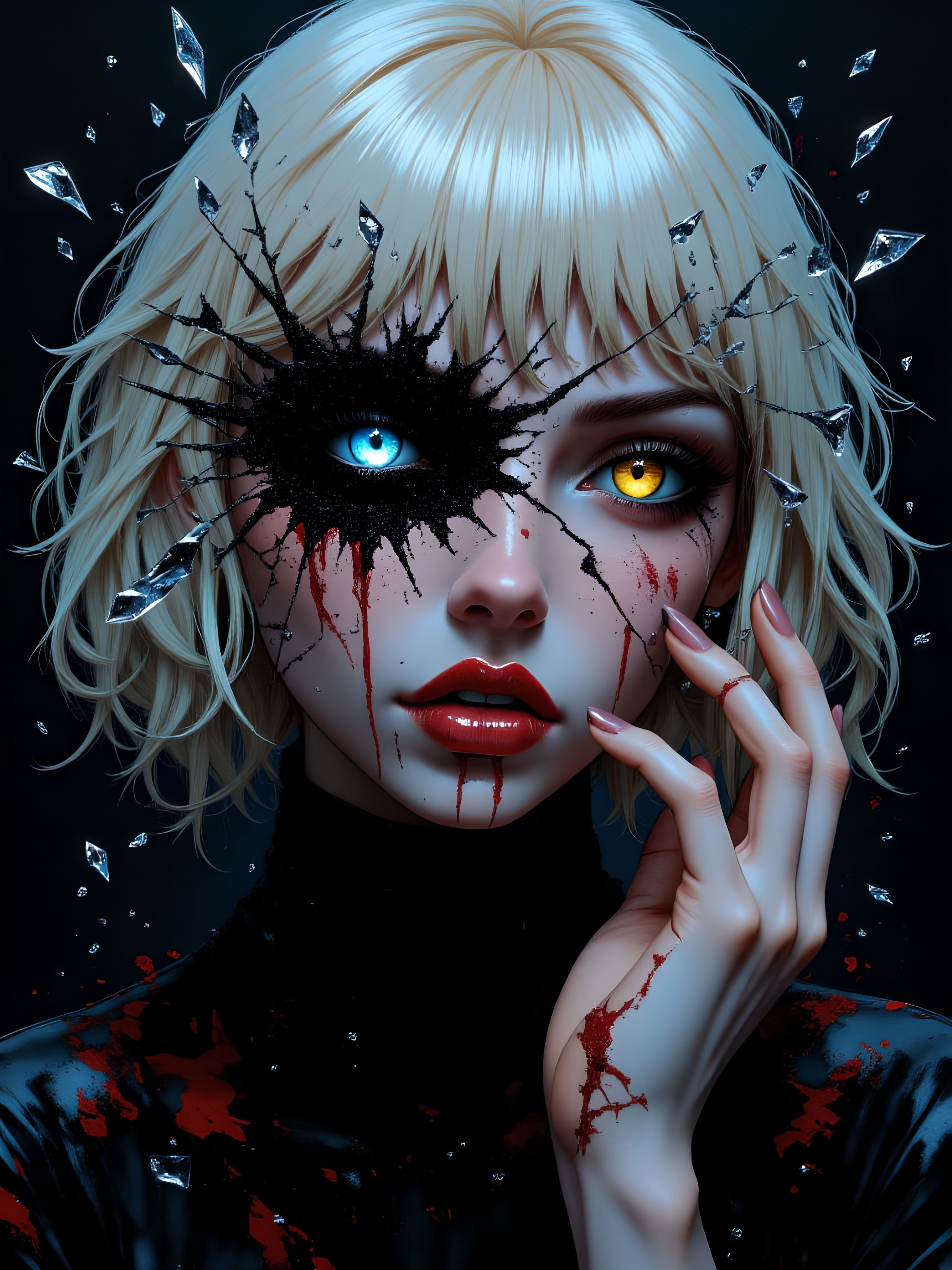 An emotionally intense and surreal masterpiece capturing a dual persona, portrayed through the disintegration of the character’s face and body. The scene is set in a dark, ethereal nighttime atmosphere, with the character’s cracked skin and glowing eye contrasting against the darkness. Their hair is crystal-like, shimmering with a soft, unnatural shine, and their colored eyelashes stand out dramatically. The abstract, oil painting style adds depth and texture, with broken glass shards scattered across their face, reflecting the fragmented and corrupted nature of the character. The character’s pose is dynamic and powerful, with one hand reaching toward the viewer, their body seemingly shattering and split apart. Blood drips from their eyes, and the cracks on their skin suggest an inner struggle, symbolizing the duality of their nature. A glass shard overlays one of their eyes, adding to the feeling of possession and corruption. The reflection in the shards and the variations in the character’s facial expressions further emphasize the time paradox theme, where the clock's hands suggest a distortion in time and reality. Their heterochromatic eyes represent the contrasting personas, with one eye glowing intensely, while the other is shrouded in shadow. aidmaimageupgrader, aidmaMJ6.1m, detailmaximizer, mythp0rt, ne0nfant4sy, drkfnts <lora:aidmaImageUpgrader-FLUX-V0.2:0.8> <lora:aidmaMJ6.1_aidmaMJ6.1-FLUX-v0.4:0.8> <lora:v1v1dr34m:0.68> <lora:aesthetic2-cdo-0.5:0.62> <lora:mythp0rt_FluxMythP0rtr4itStyle:0.6> <lora:ne0nfant4sy_NeonFantasyPrimeFLUX-000049:0.66>