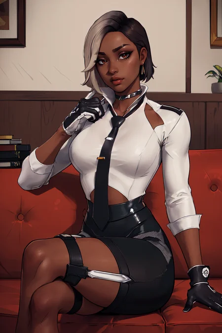 (masterpiece,best quality,absurdres,beautiful,sharp,detailed),sitting,crossed legs,1girl,antonia,dark skin, necktie, two tone hair, eyeliner, pencil_skirt, gloves, single thigh holster, <lora:FN_Antonia-DEF:0.7>