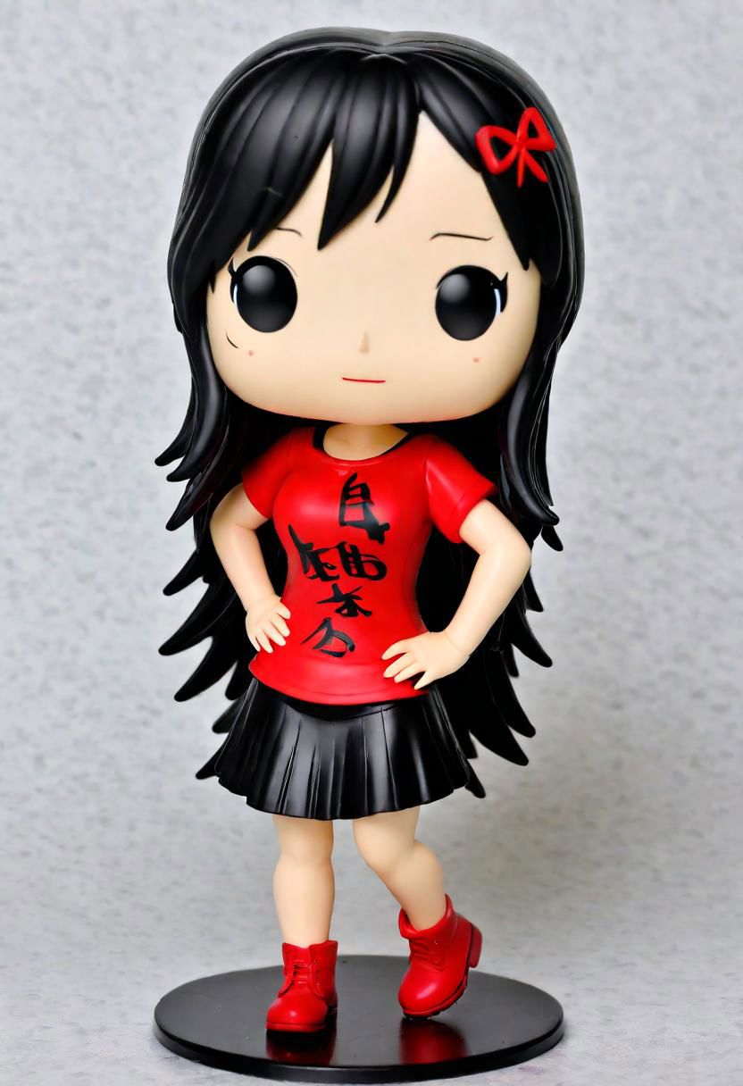 masterpiece, photograph,realistic lighting, absurd quality,realism best quality, <lora:Yumi_Yamaguchi:0.9>, PEPopFigure, funko pop,long hair, round plastic base, happy, red shirt, black skirt
