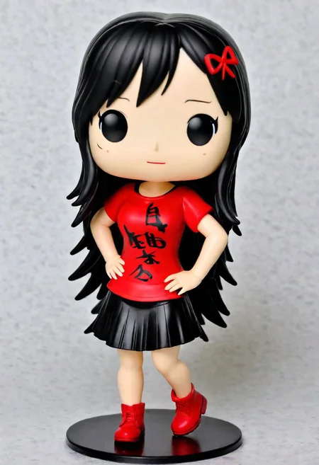 masterpiece, photograph,realistic lighting, absurd quality,realism best quality, <lora:Yumi_Yamaguchi:0.9>, PEPopFigure, funko pop,long hair, round plastic base, happy, red shirt, black skirt
