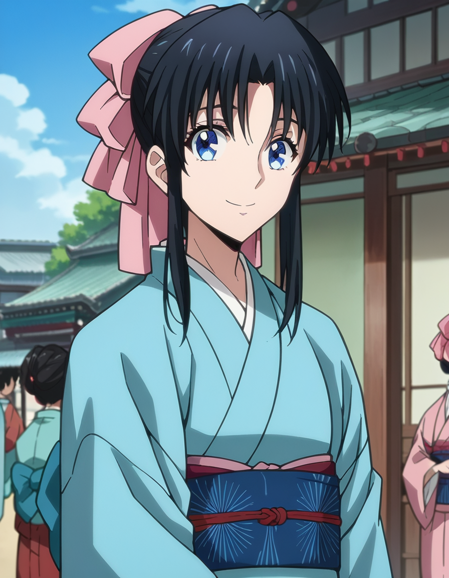 score_9, score_8_up, score_7_up, source_anime,
kaorukamiya, <lora:kaoru-kamiya-ponyxl-lora-nochekaiser:1>
kaoru kamiya, blue eyes, black hair,
japanese clothes, kimono, sash, obi, pink bow, bow, hair bow,
outdoors, smile,
looking at viewer, dutch angle, cowboy shot