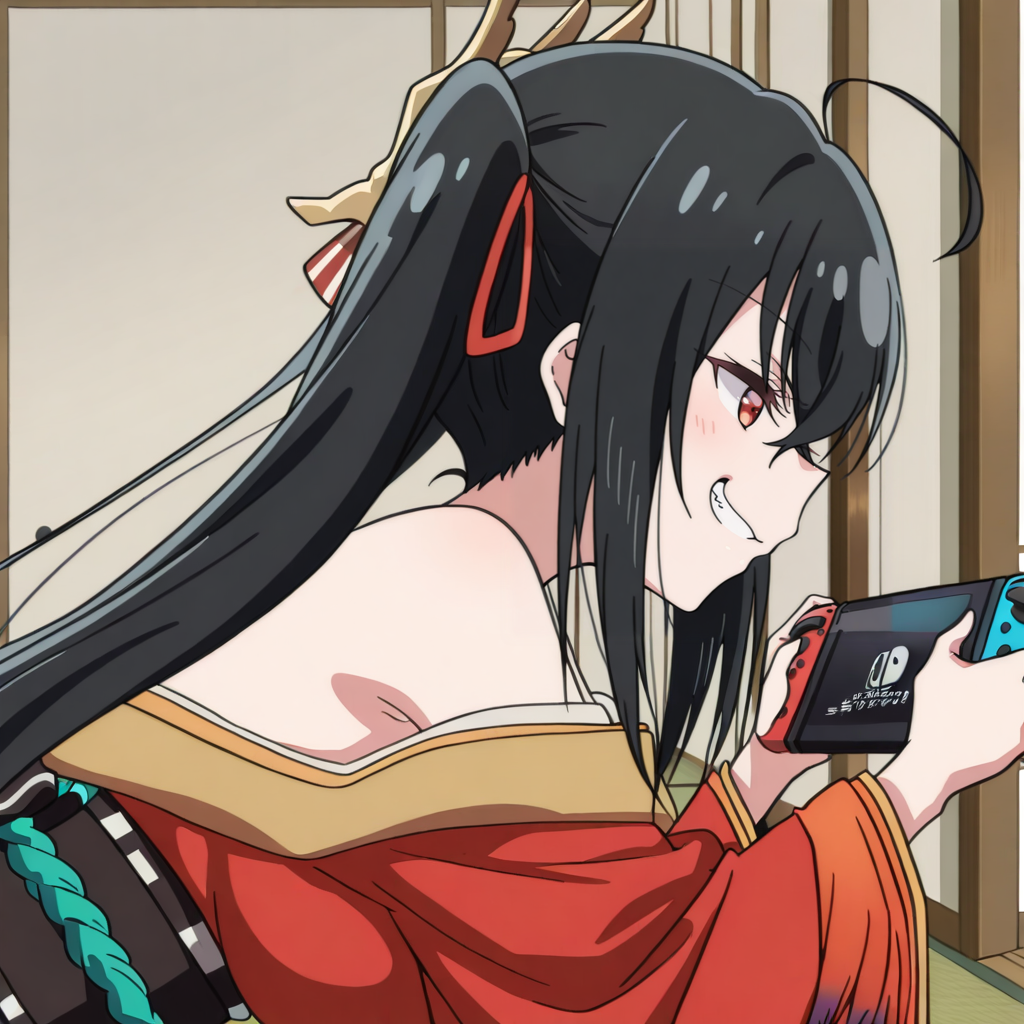 HDA_MasterpieceXL_v1.2, 1girl, indoors, japanese temple, <lora:Taihou_-_Azur_Lane_Slow_Ahead_Ver.:1> TaihouSAIL, japanese clothing, naughty face,  <lora:gameandsex:1> playing video games, multitasking, game and sex, nintendo switch, from side,  cowboy shot,