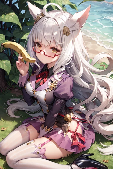 masterpiece, best quality,
biwa hayahide \(umamusume\),
holding banana, banana, banana tree, sitting under tree, wariza, from above,
semi-rimless eyewear, under-rim eyewear, red-framed eyewear, long sleeves, neck ribbon, red ribbon, puffy sleeves, juliet sleeves, buttons, purple shirt, dress, jacket, purple skirt, bell, miniskirt, zettai ryouiki, garter straps, black thighhighs, purple footwear, high heels,
<lora:biwa_hayahide_locon_1.0:0.6>