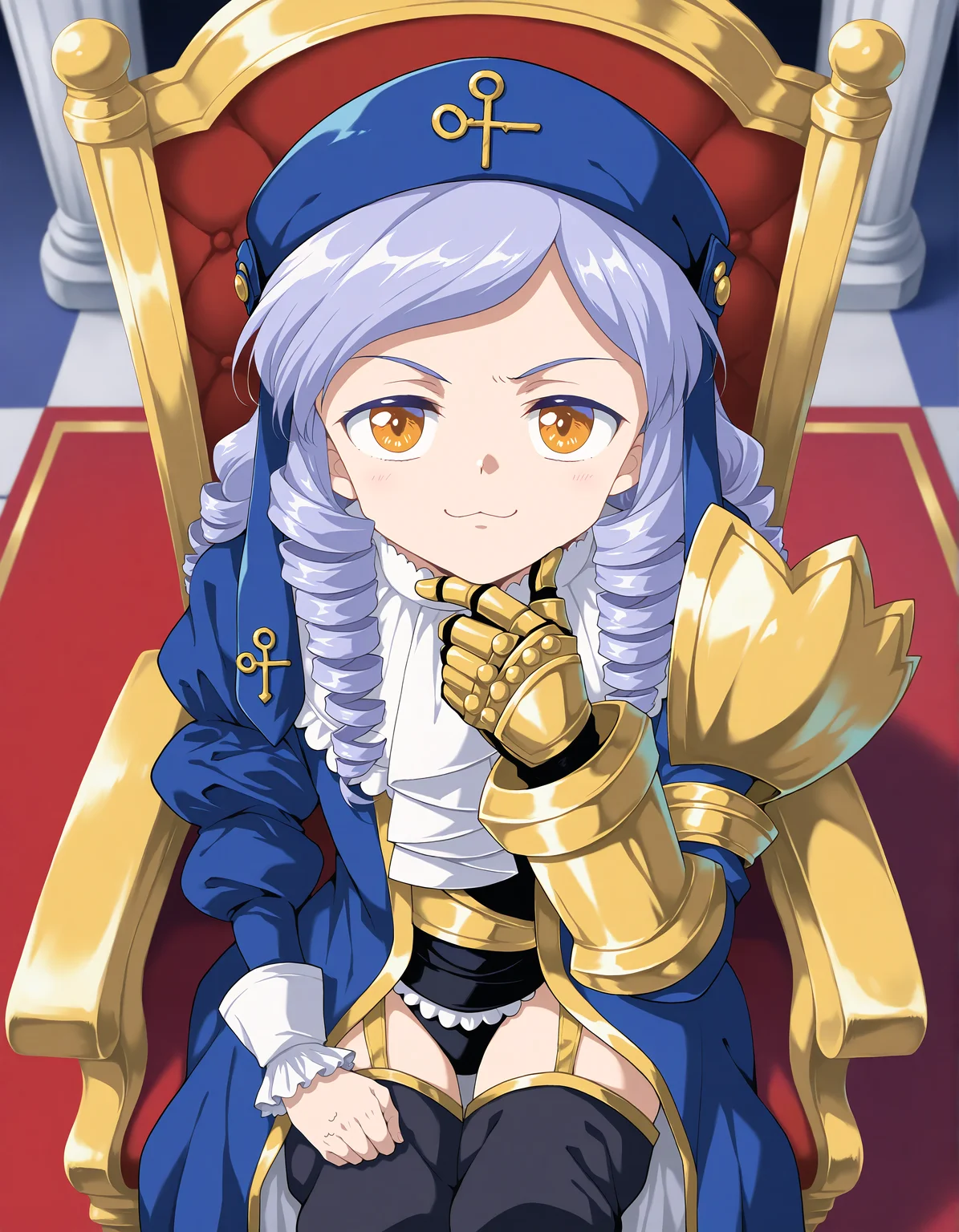masterpiece, best quality, amazing quality, very aesthetic, absurdres, newest, young, <lora:Dlanor-A-Knox_NoobVpred10_v1:1.3>, dlanoxNoob, (agahari):0.5, :3, golden trims, gauntlets, looking at viewer, hand on chin, throne, sitting, velvet, red carpet, from above