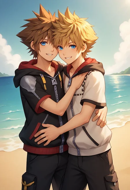 score_9, score_8_up, source_anime, highly detailed, 2boys,
sora, spiked hair, male focus, 1boy, brown hair, blue eyes, zipper, hoodie, BREAK
roxas, 1boy, zipper, male focus, spiked hair, blue eyes, blonde hair, pants, short sleeves, zipper pull tab,
indoor, outdoor, beach, bare foot, hug, smile,