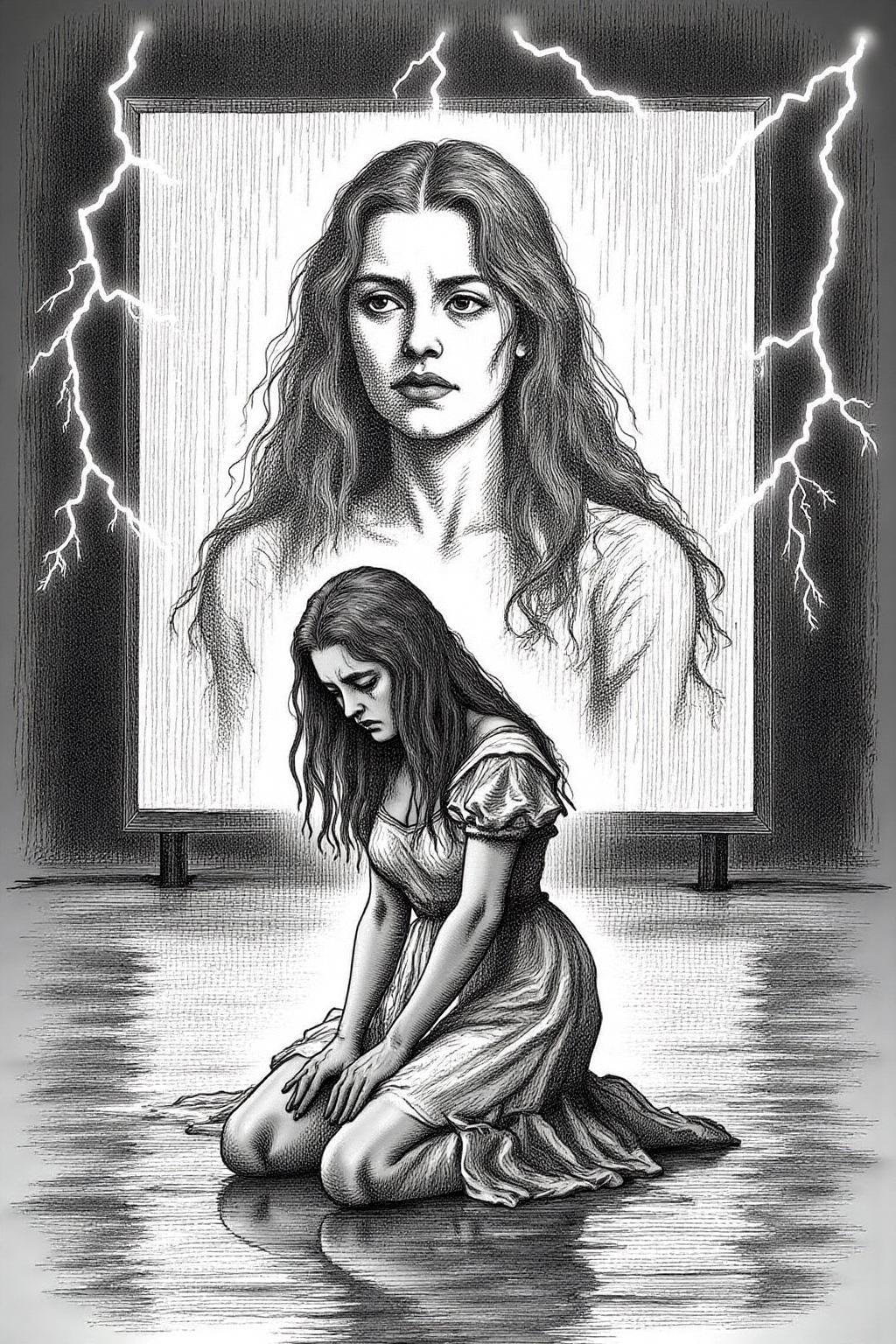 joten1 illustration.
Black and white gusdore1 illustration. A woman with long, dark hair, kneeling on a reflective, wet surface under intense artificial rain and lightning. She wears a flowing, sheer, white dress, clinging to her as she gazes forward with an intense, almost sorrowful expression. Behind her, a massive a creen displays a blurred, haunting image of the same woman, layered with flashes of lightning, adding a surreal, dreamlike quality. The atmosphere is intense and moody, with sharp contrasts of light and shadow, giving a mysterious and electrifying effect.  <lora:joten1_cap_d6a3e12:1.0><lora:821780561455679404:0>