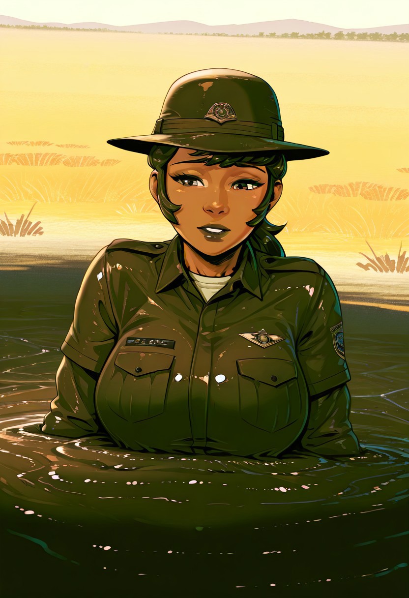 score_9, score_8_up, score_7_up, 1girl, solo, attractive woman, cinematic, Botswanian woman, dark skin, safari guide, safari outfit, chest-deep in brown quicksand, struggling, dynamic pose, savannah background, dynamic angle