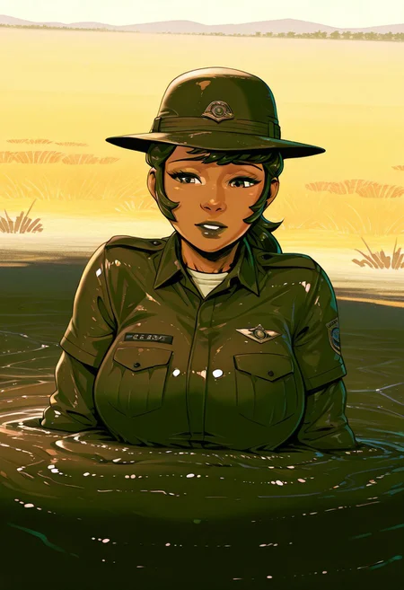 score_9, score_8_up, score_7_up, 1girl, solo, attractive woman, cinematic, Botswanian woman, dark skin, safari guide, safari outfit, chest-deep in brown quicksand, struggling, dynamic pose, savannah background, dynamic angle